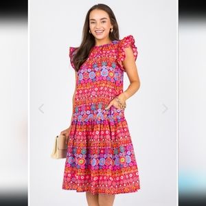 Pinch Floral Print Dress Small vibrant retro floral inspired print ruffle sleeve